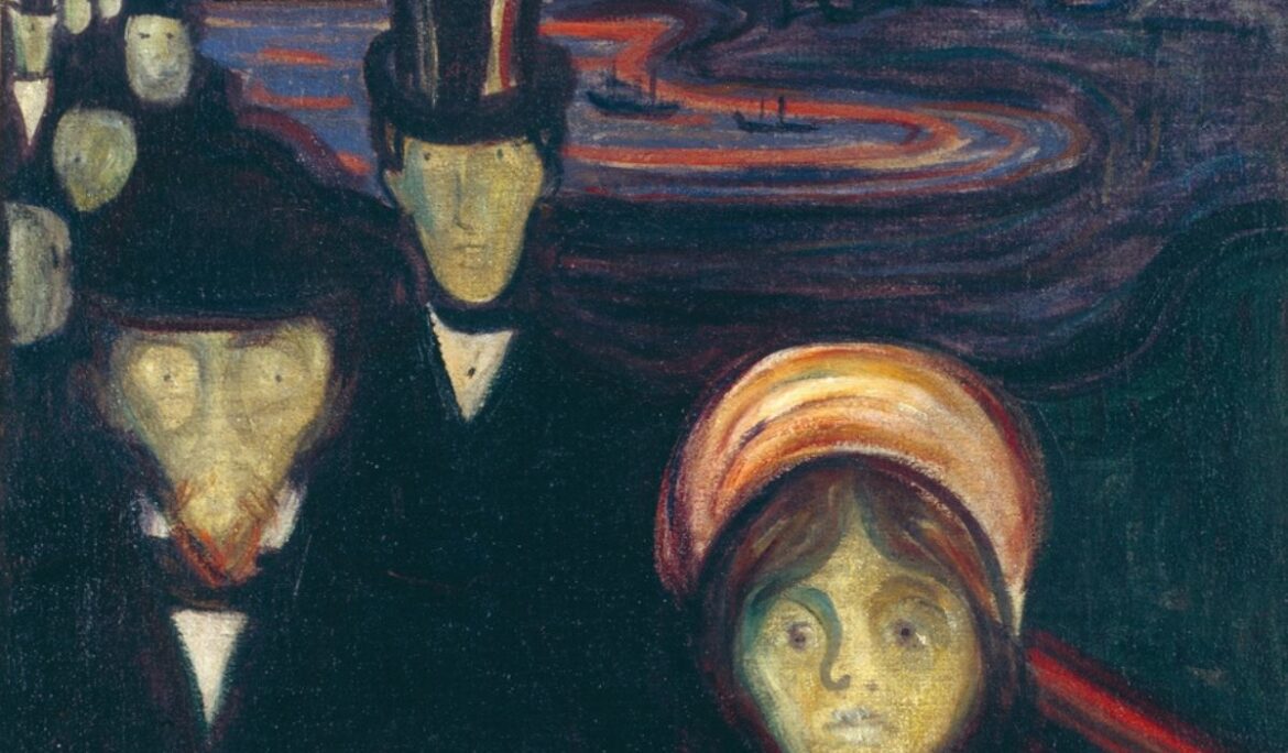 Anksioznost prikazana v umetniški sliki Edvarda Muncha z zaskrbljenimi obrazi in temnim ozadjem.